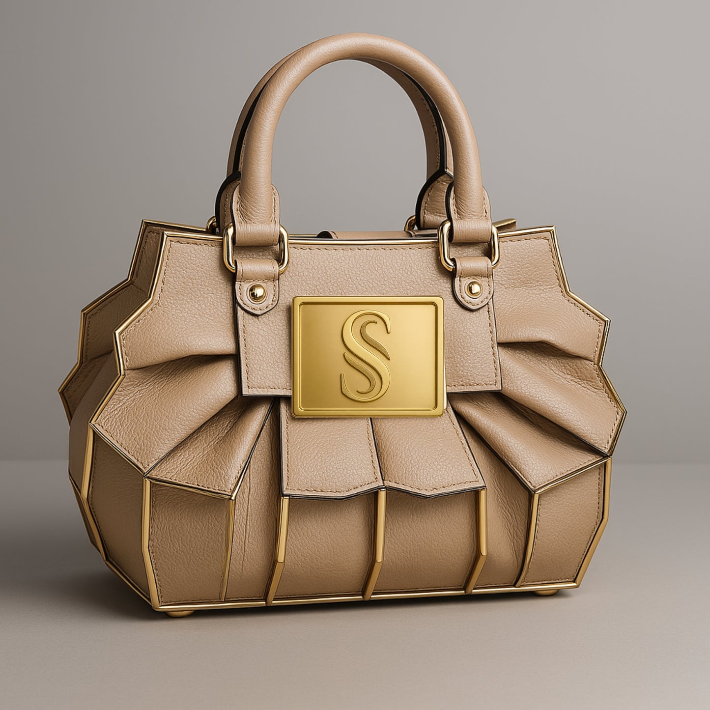 Sellenes Althea luxury cappuccino beige leather handbag showcasing a gold-plated square accessory with an 'S' emblem. The bag features a unique sunburst pleated leather silhouette accented by polished gold vertical strips and a curved leather handle