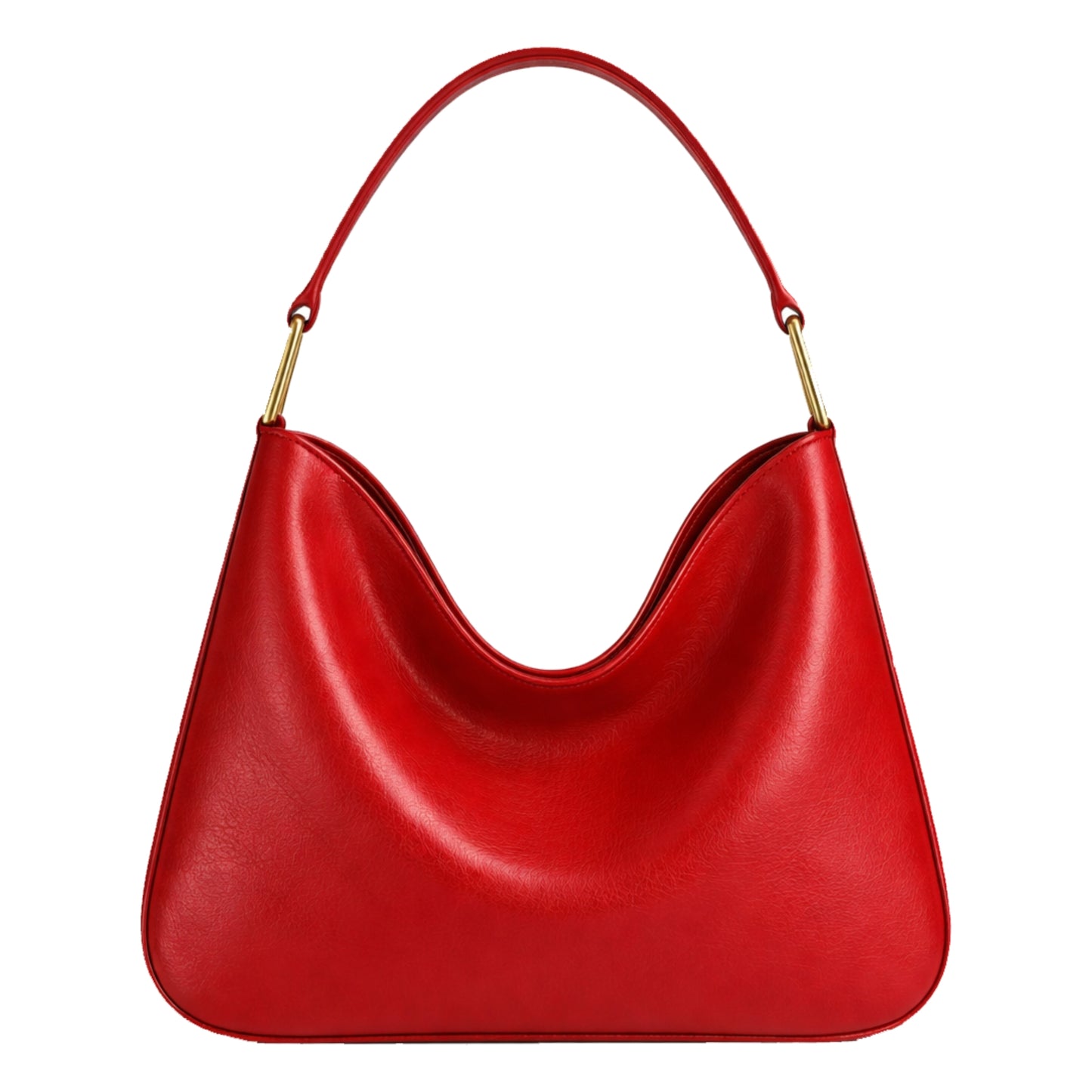 Sellenes Brooke vibrant red premium leather handbag with a modern half-moon shape and sleek gold plated strap hardwear.