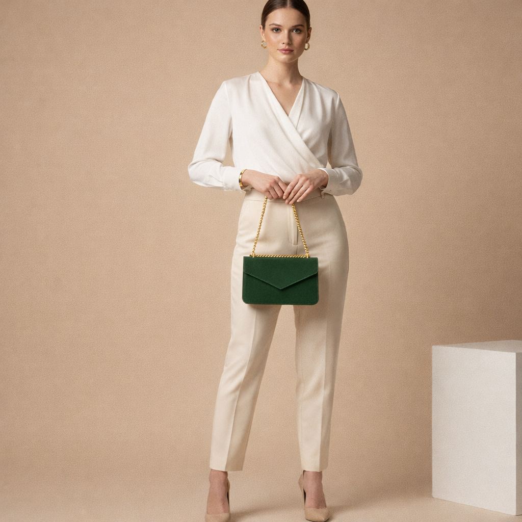 Moons Suede green by Sellenes in minimalist, elegant outfit