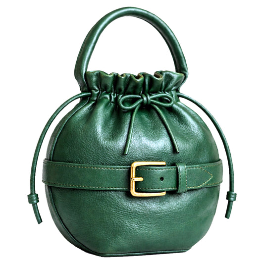 Sellenes Roundy green leather ball-shaped bag with a structured top handle and belted design detail, handcrafted in Europe in limited edition