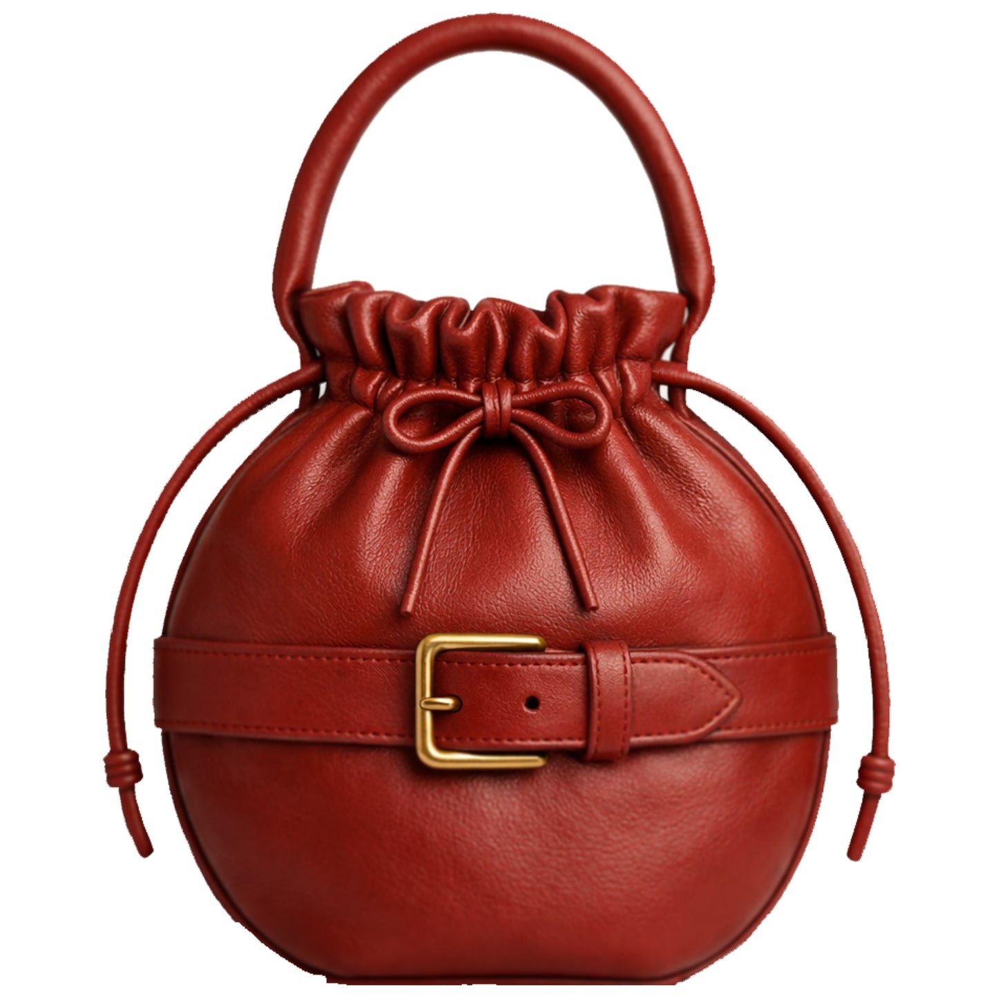 Sellenes Roundy red luxury leather bag with a round shape and gold hardware accents, handcrafted in EU in limited editon