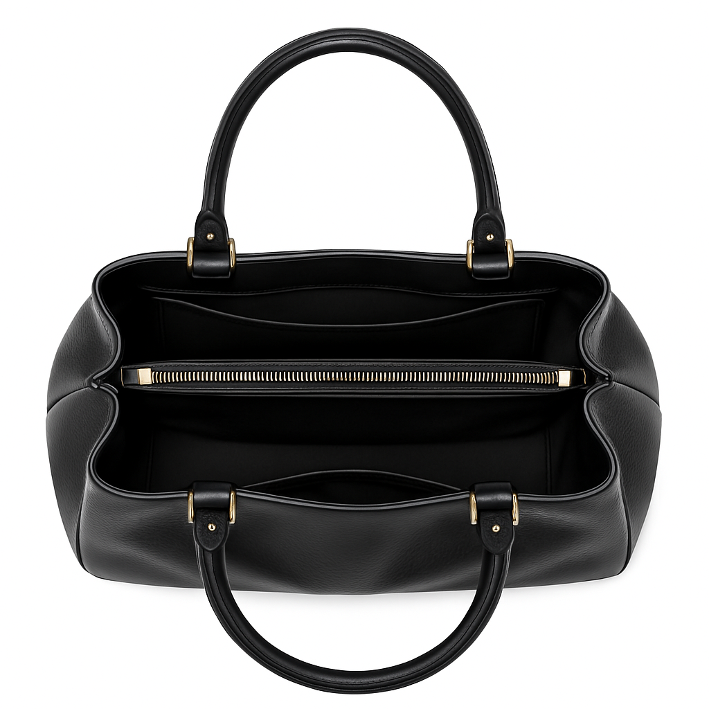 Alya luxury bag inside view, detailed with zipper pocket and essentials pockets