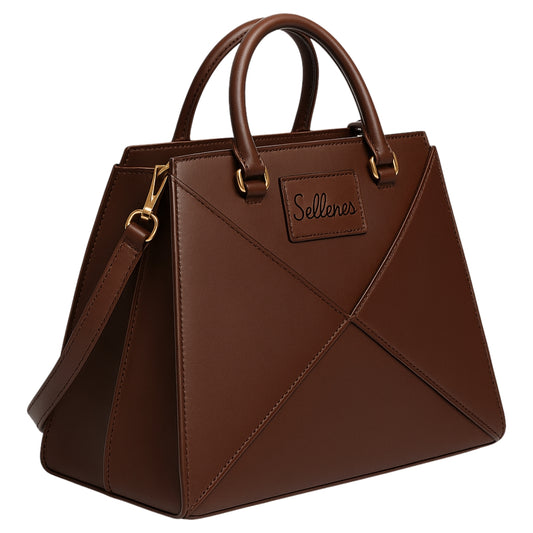 Stella by Sellenes -a structurated architectural handbag made in premium brown leather in limited edition