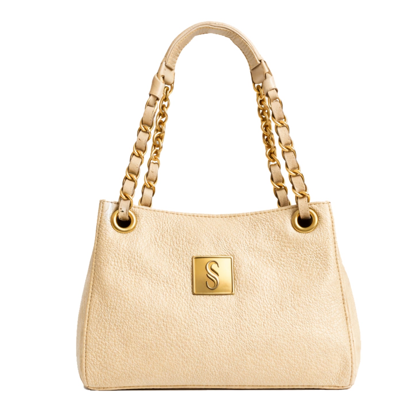 Thea by Sellenes premium white leather handbag showcasing its luxury gold-plated square plate in gold