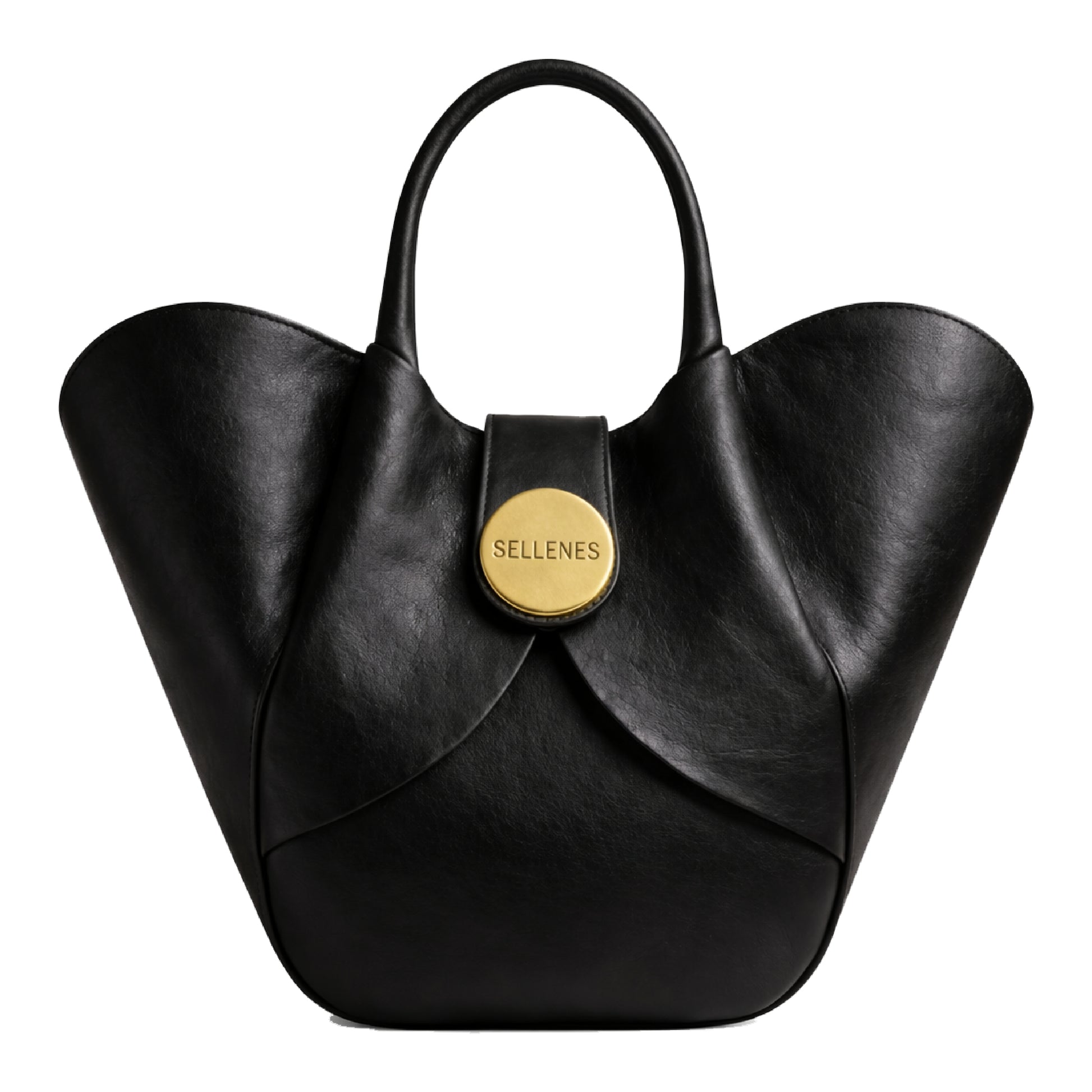 Aalyah by Sellenes - luxury bag, made in finest black leather, with structurated design and gold hardware; handcrafted in Europe
