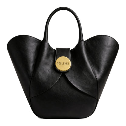Aalyah by Sellenes - luxury bag, made in finest black leather, with structurated design and gold hardware; handcrafted in Europe