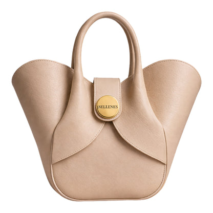 Aalyah by Sellenes - luxury handbag, made in premium off-white leather, with architectural design and gold hardware