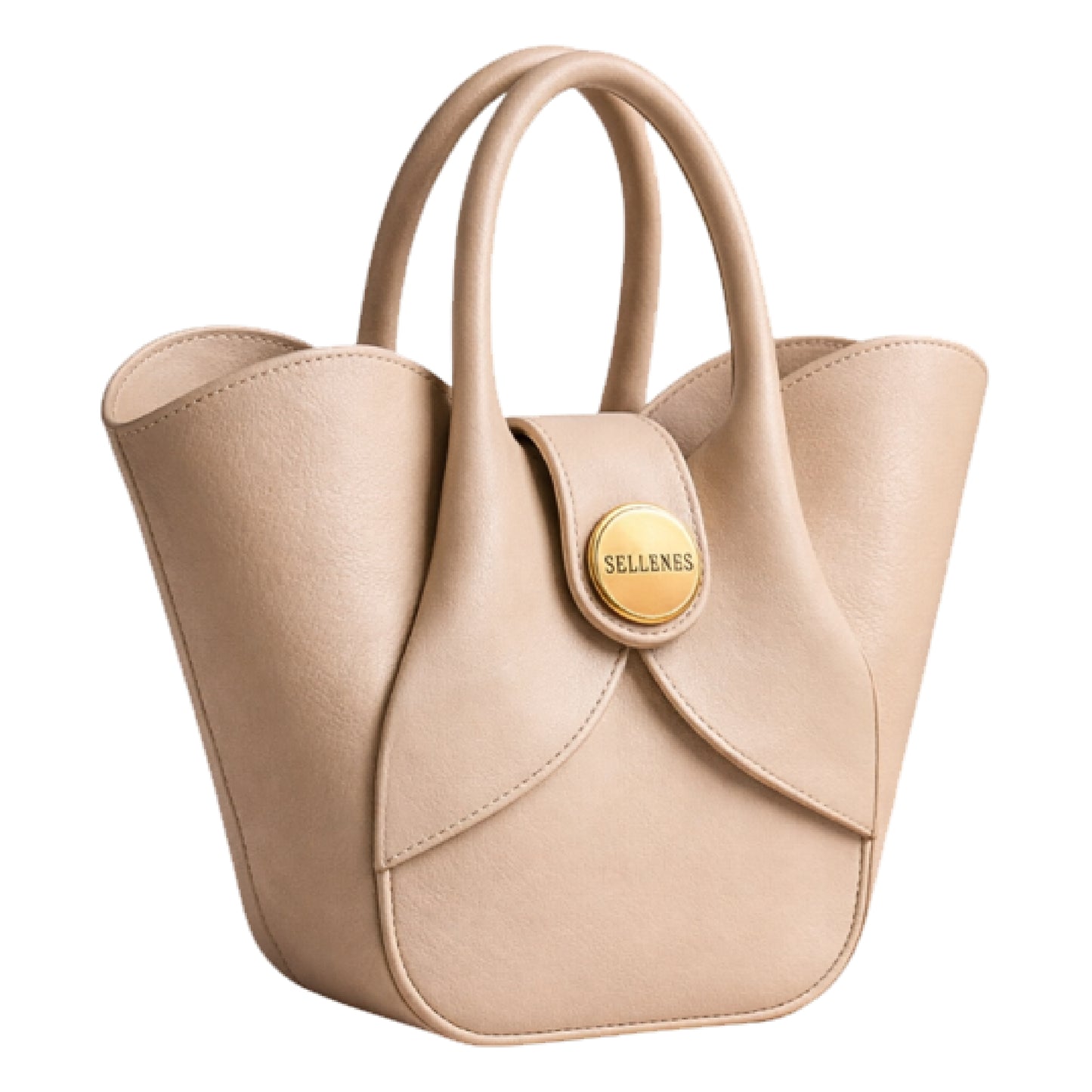 Sellenes Aalyah off-white leather handbag with a unique curved tulip shape,and signature round gold plated logo