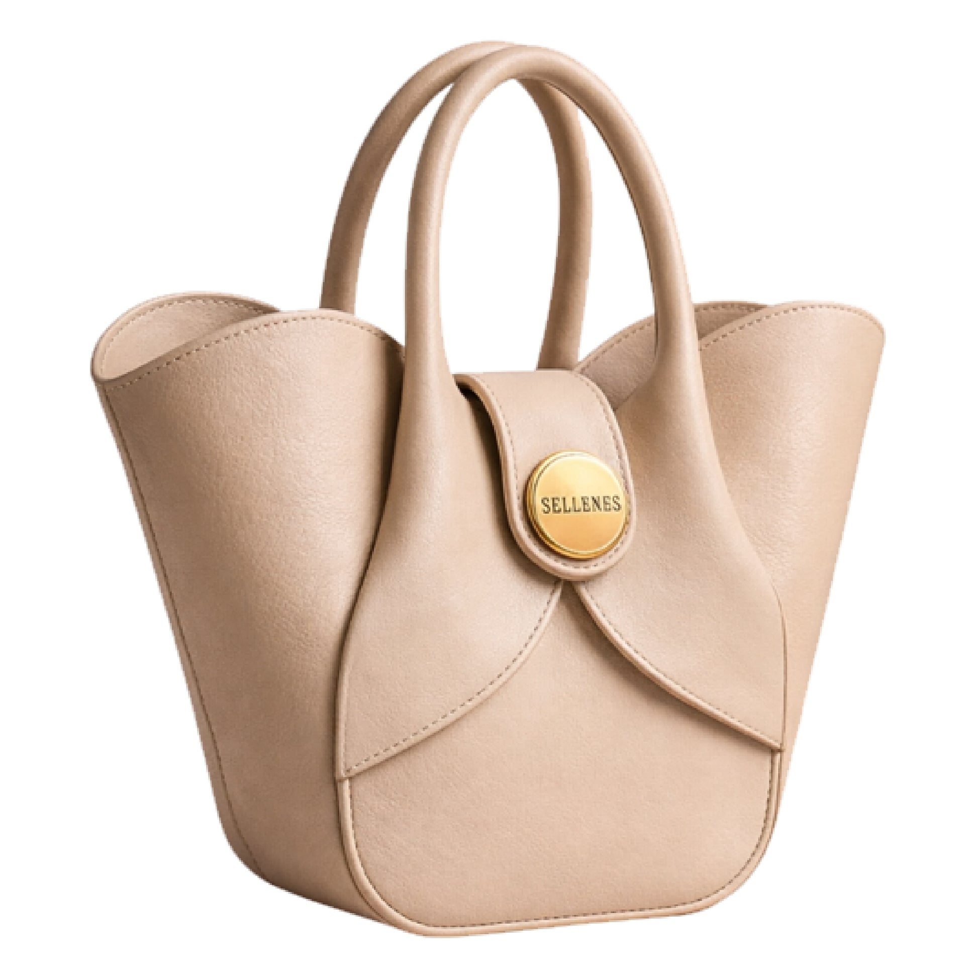 Sellenes Aalyah off-white leather handbag with a unique curved tulip shape,and signature round gold plated logo