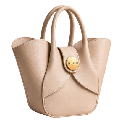 Sellenes Aalyah off-white leather handbag with a unique curved tulip shape,and signature round gold plated logo