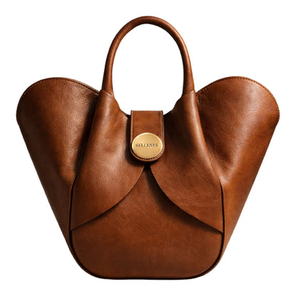 Aalyah by Sellenes - luxury bag, made in finest brown leather, with architectural design and gold hardware