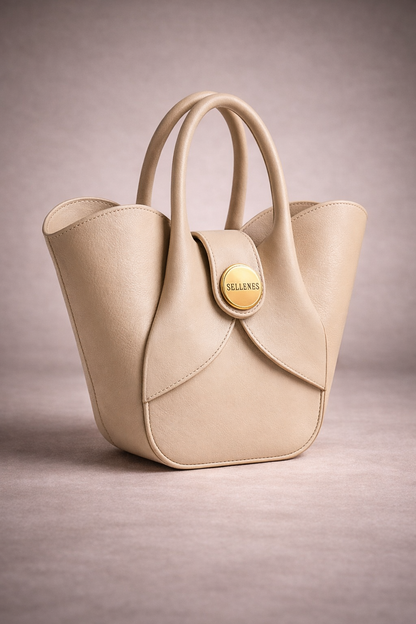 Sellenes Aalyah off-white leather handbag with a unique curved tulip shape, rolled handles, and signature round gold plated logo