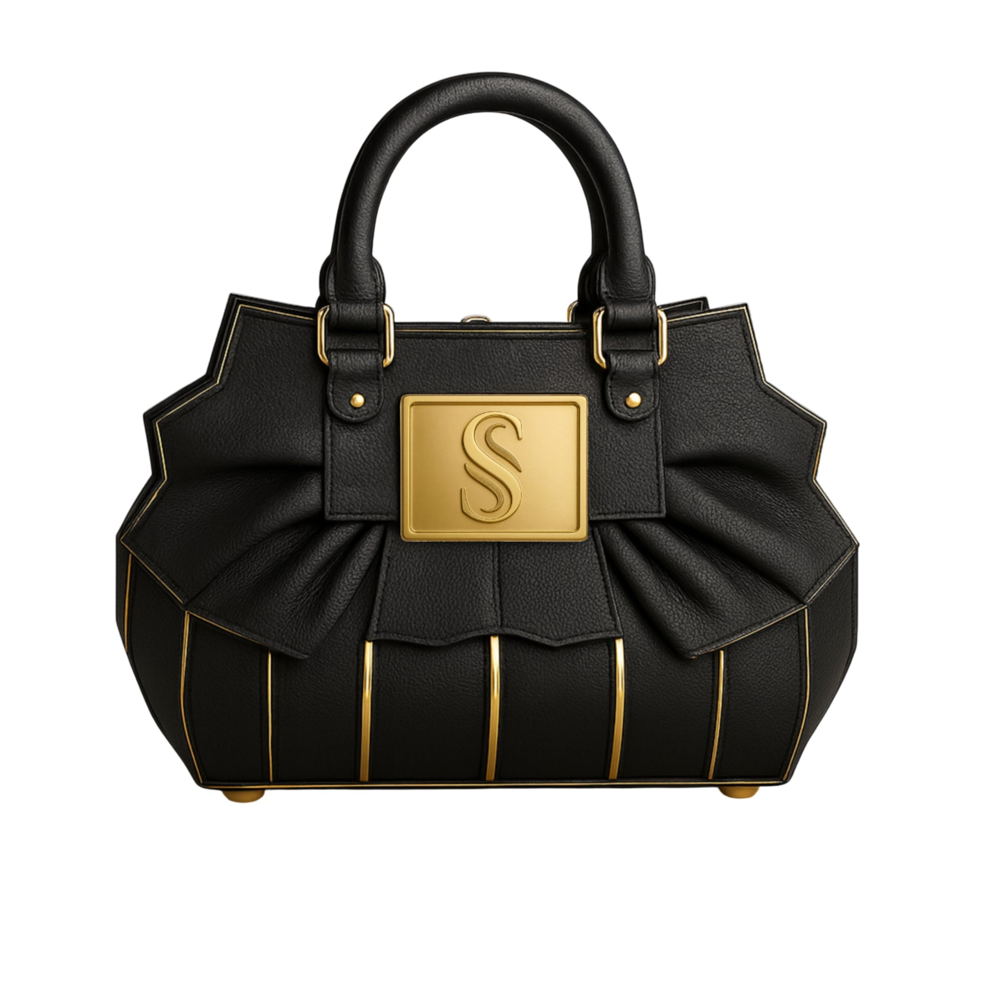 Sellenes Althea luxury black leather handbag featuring a signature gold-plated plate accessory with a stylized 'S' logo. This structured designer bag showcases elegant fan-like pleated leather panels and vertical gold-tone metallic trim along the base