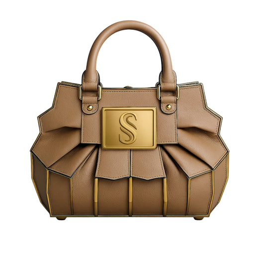 Althea Luxury Sellenes handbag. Architectural bag with a prominent gold-plated 'S' logo plaque centered on the front. The sophisticated design includes architectural pleated leather detailing, gold-finished hardware, and a sturdy top handle
