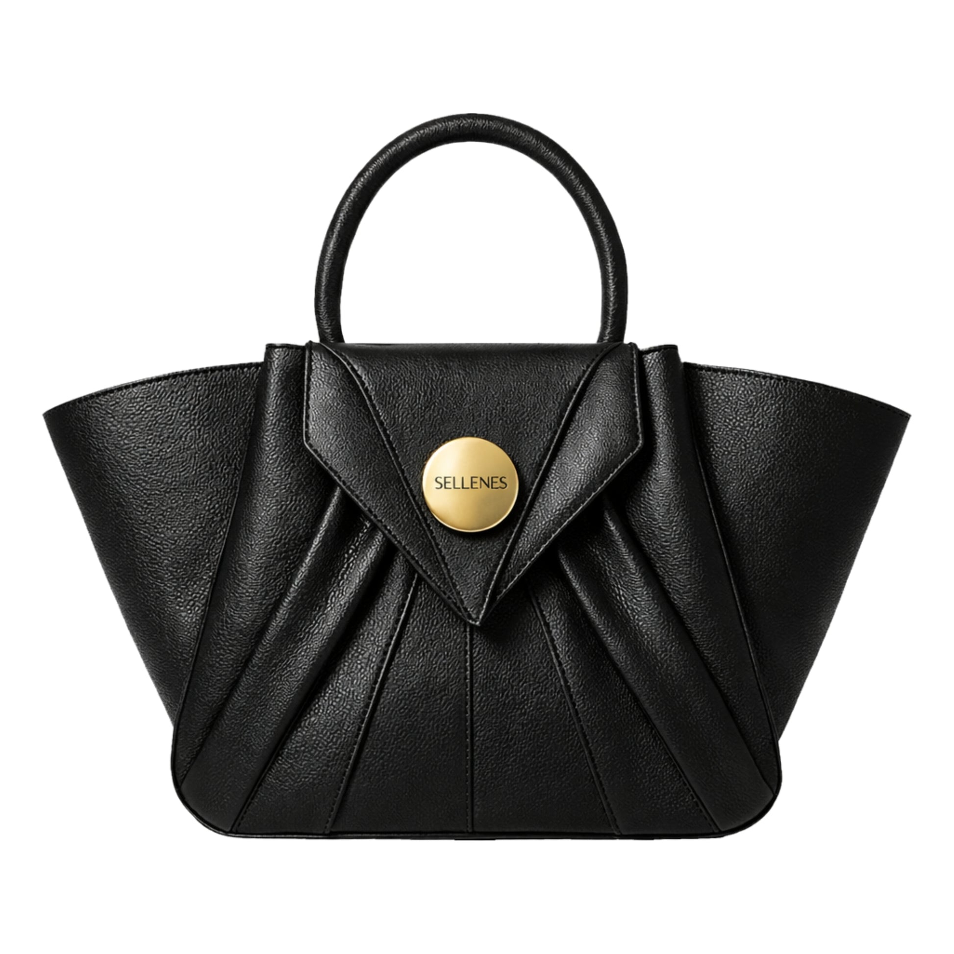 Sellenes Arrari black leather top-handle bag featuring a structured fan-shaped silhouette, pleated details, and a gold circular logo medallion