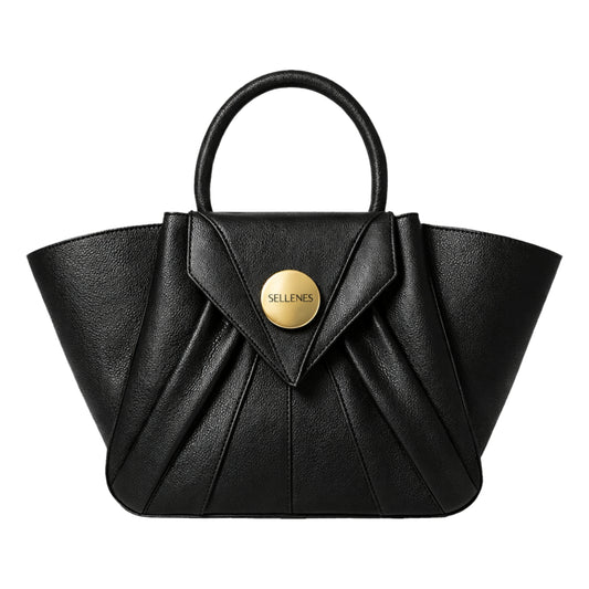 Sellenes Arrari black leather top-handle bag featuring a structured fan-shaped silhouette, pleated details, and a gold circular logo medallion