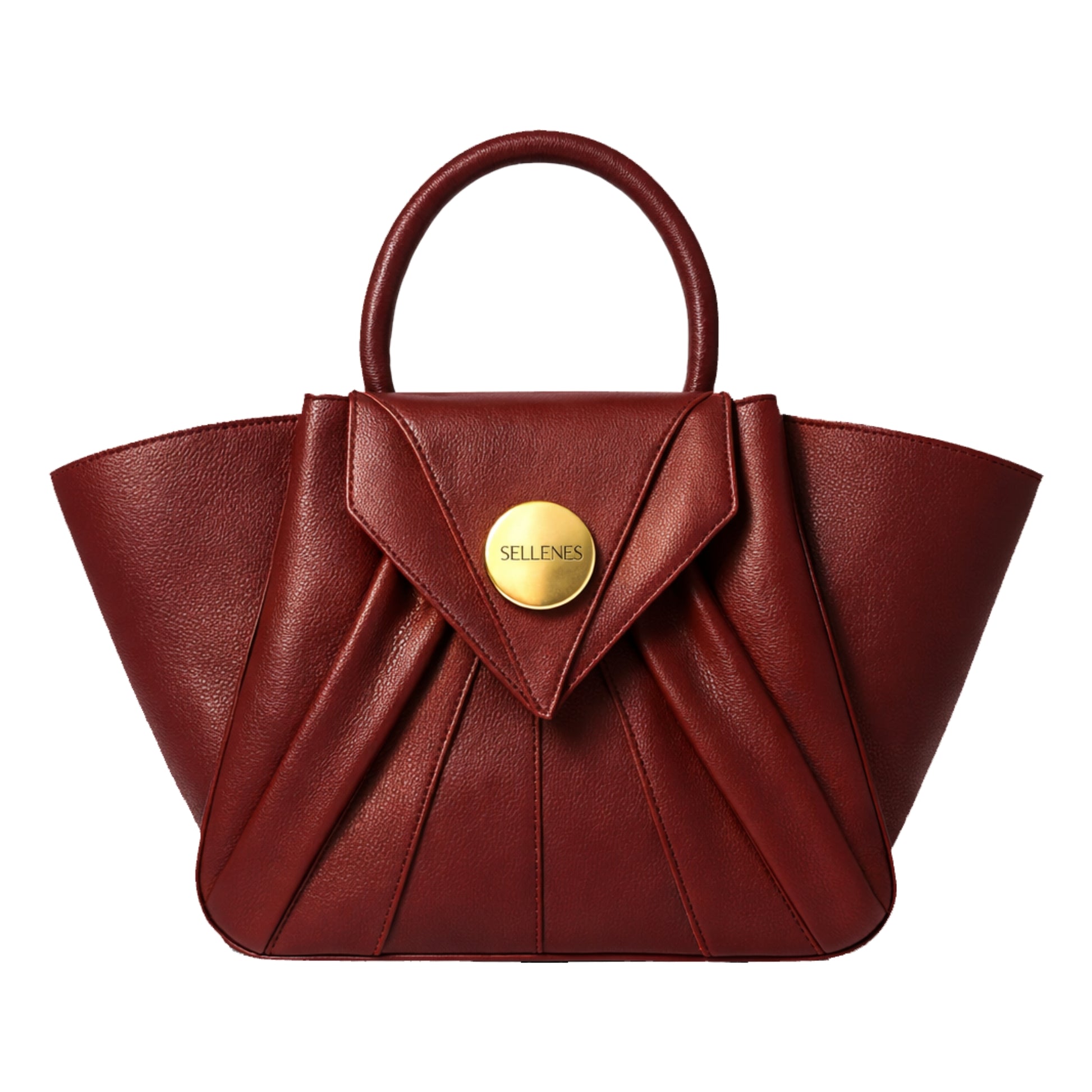 Sellenes Arrari red leather top-handle bag featuring a structured fan-shaped silhouette, pleated details, and a gold circular logo medallion
