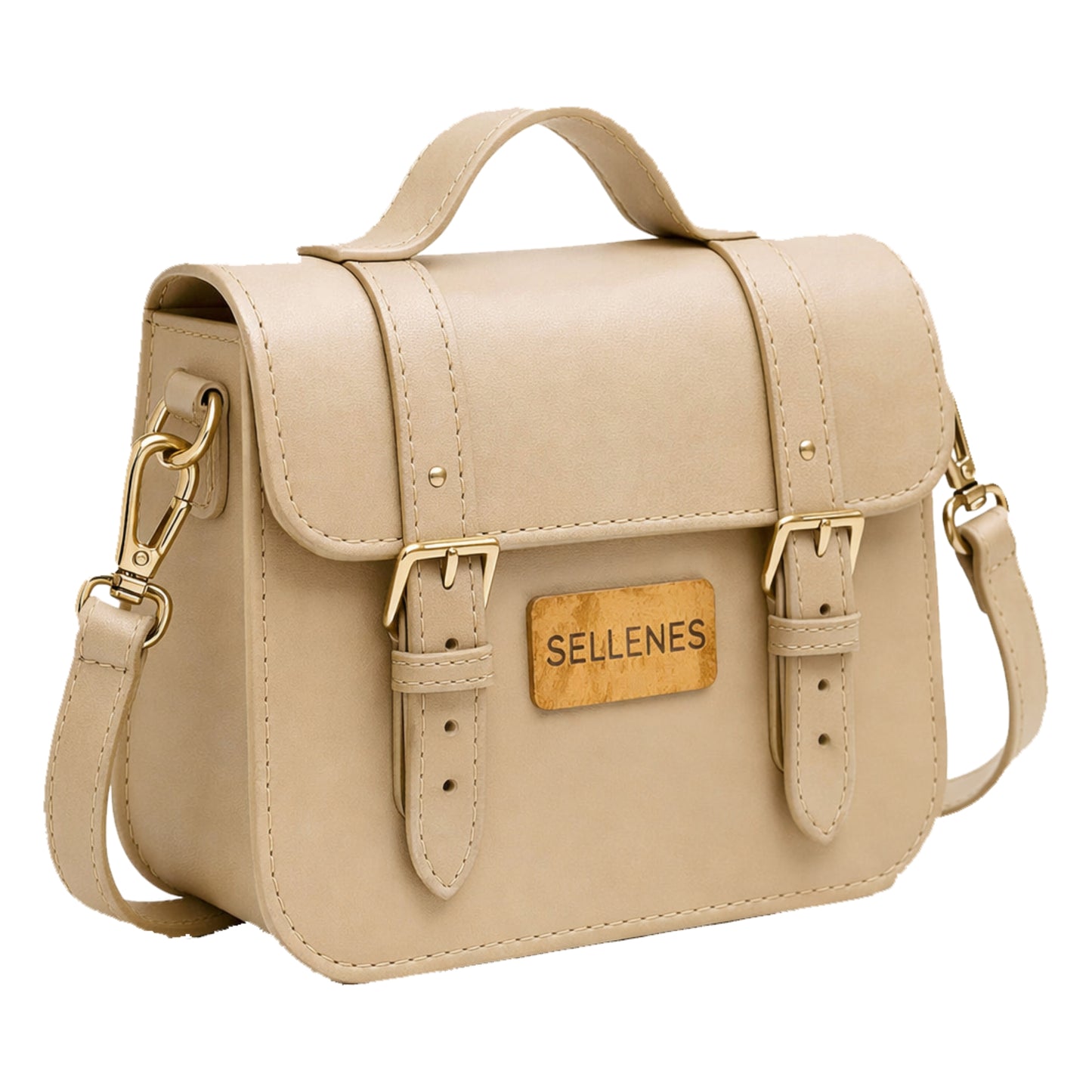BirkBag by Sellenes structured bag features a top handle, a detachable leather shoulder strap with gold hardware, and two vertical straps with polished gold buckles on the front flap.