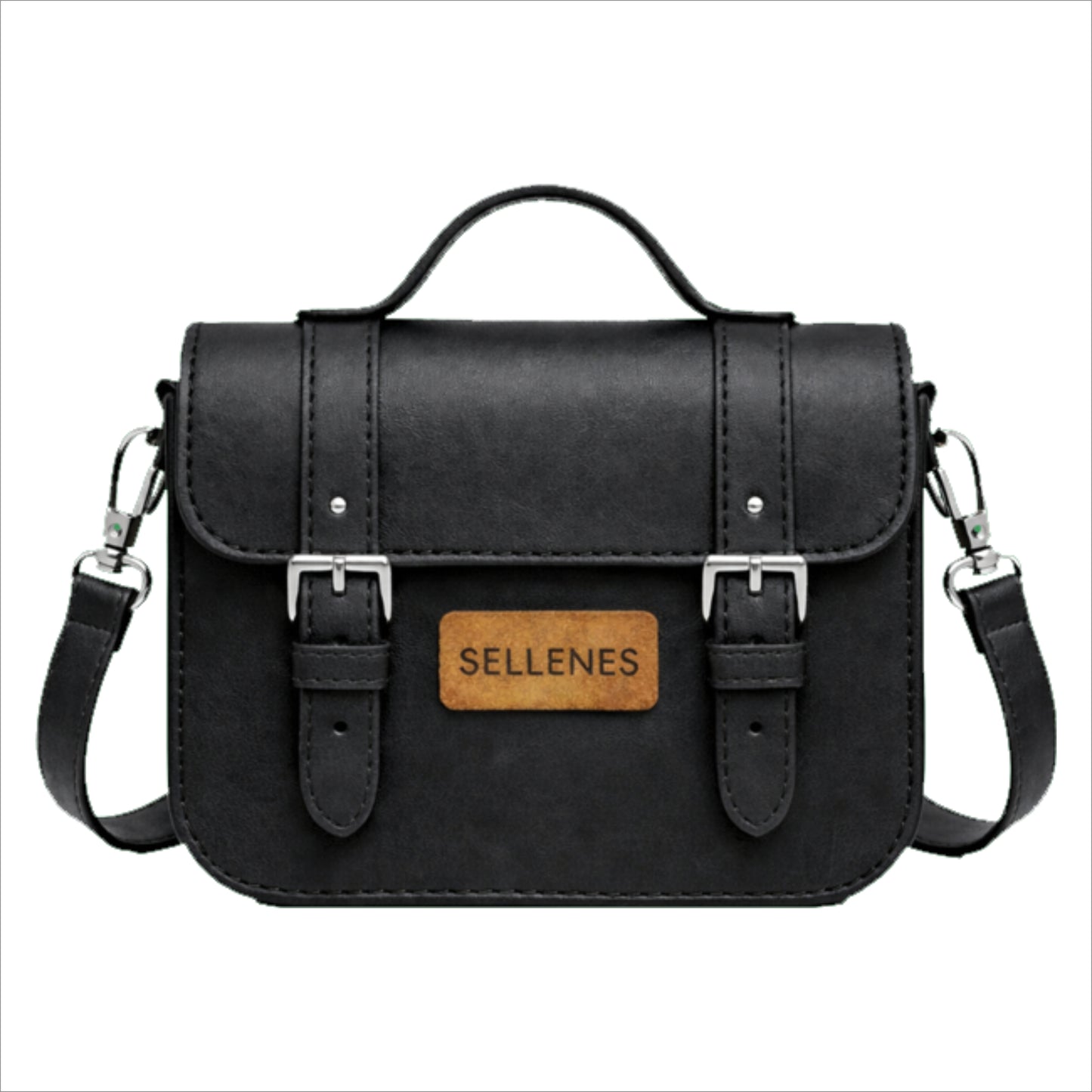 BirkBag by Sellenes structured bag features a top handle, a detachable leather shoulder strap with silver hardware, and two vertical straps with polished silver buckles on the front flap.