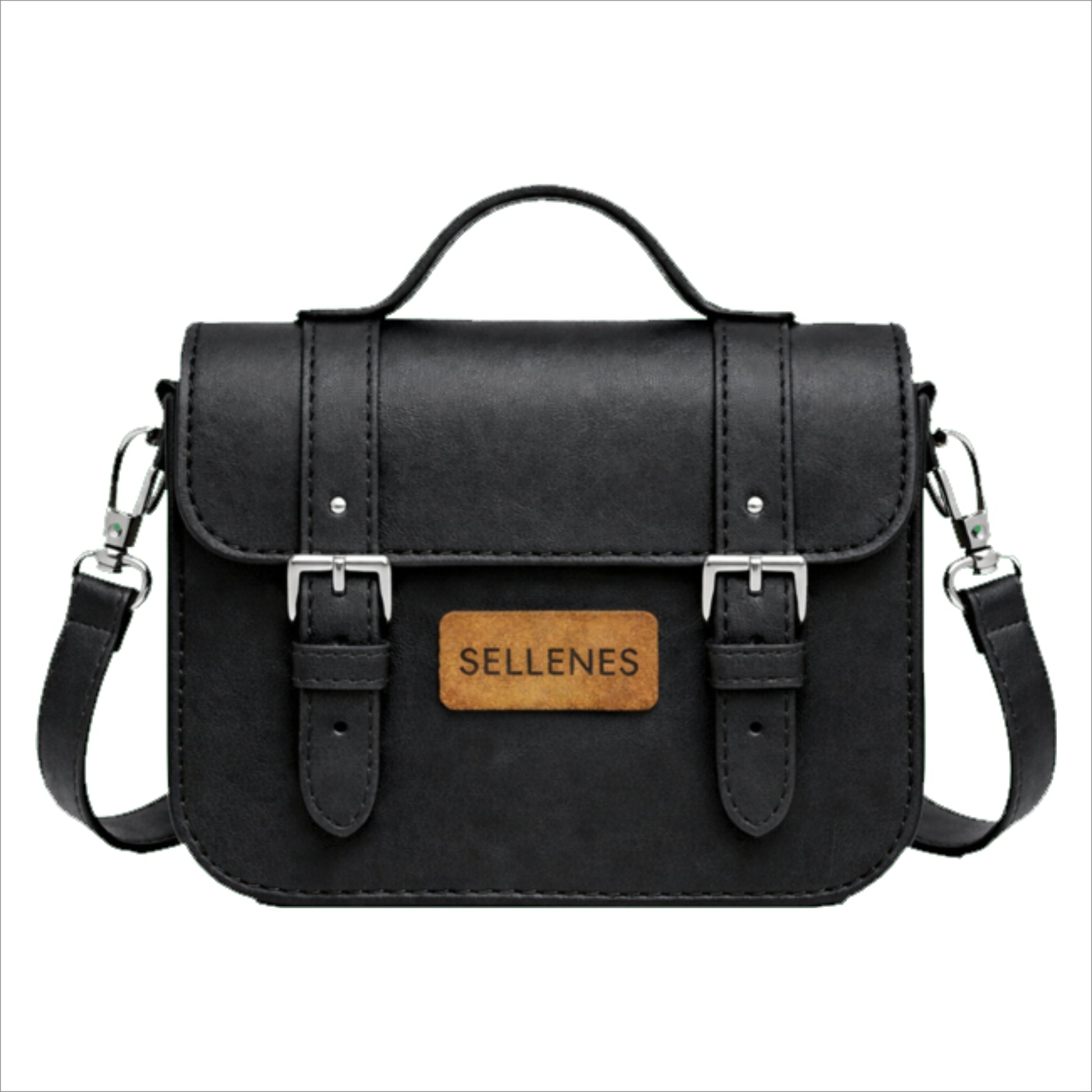 BirkBag by Sellenes structured bag features a top handle, a detachable leather shoulder strap with silver hardware, and two vertical straps with polished silver buckles on the front flap.