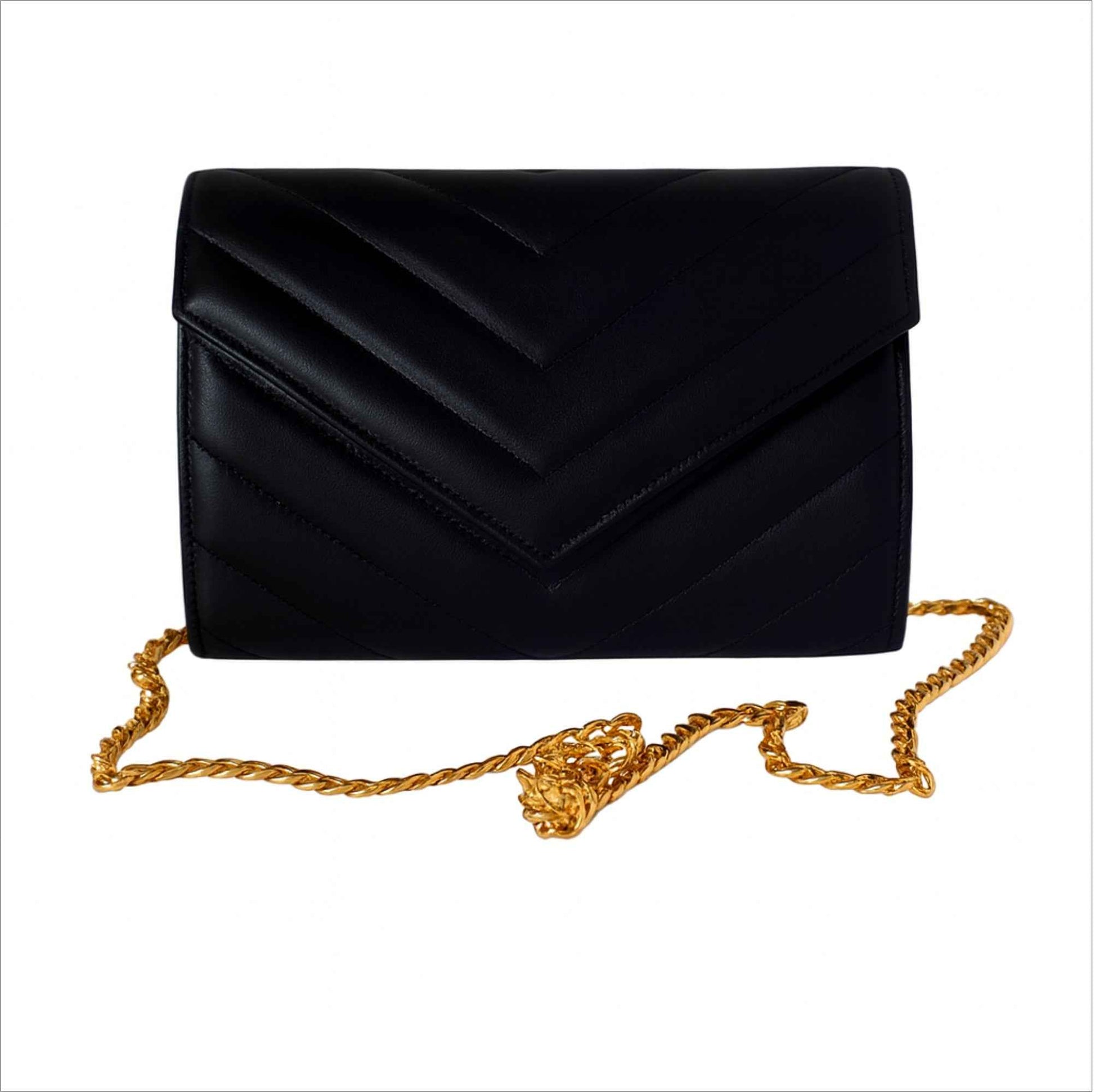 Val Clutch - Sellenes luxury black leather Val clutch with gold premium chain with lambskin leather inside