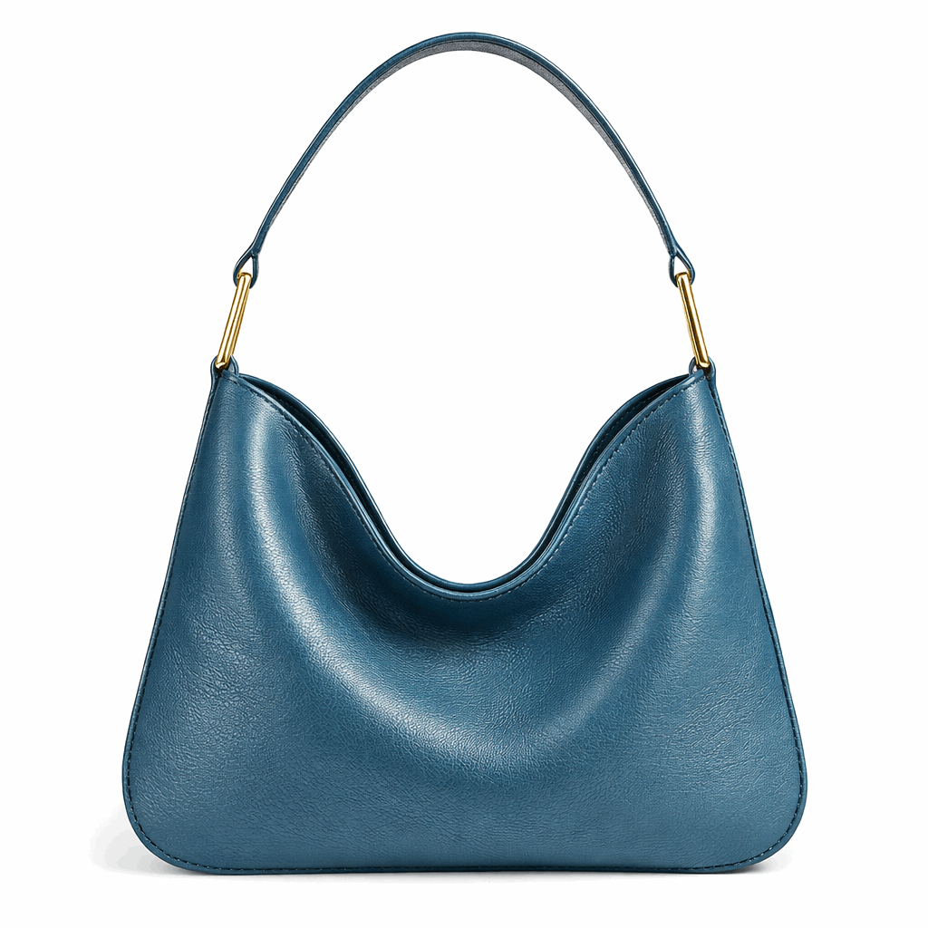 Sellenes Brooke petrol blue smooth leather shoulder bag featuring a minimalist silhouette and distinct gold plated hardware.