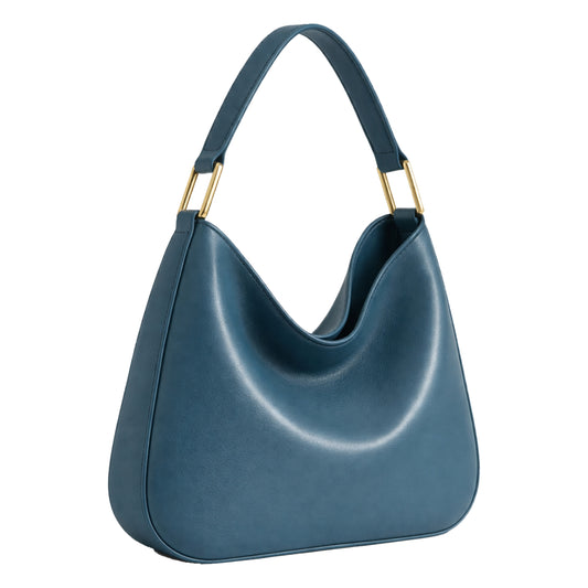 Sellenes Brooke petrol blue smooth leather shoulder bag featuring a minimalist crescent silhouette and distinct gold bar hardware.