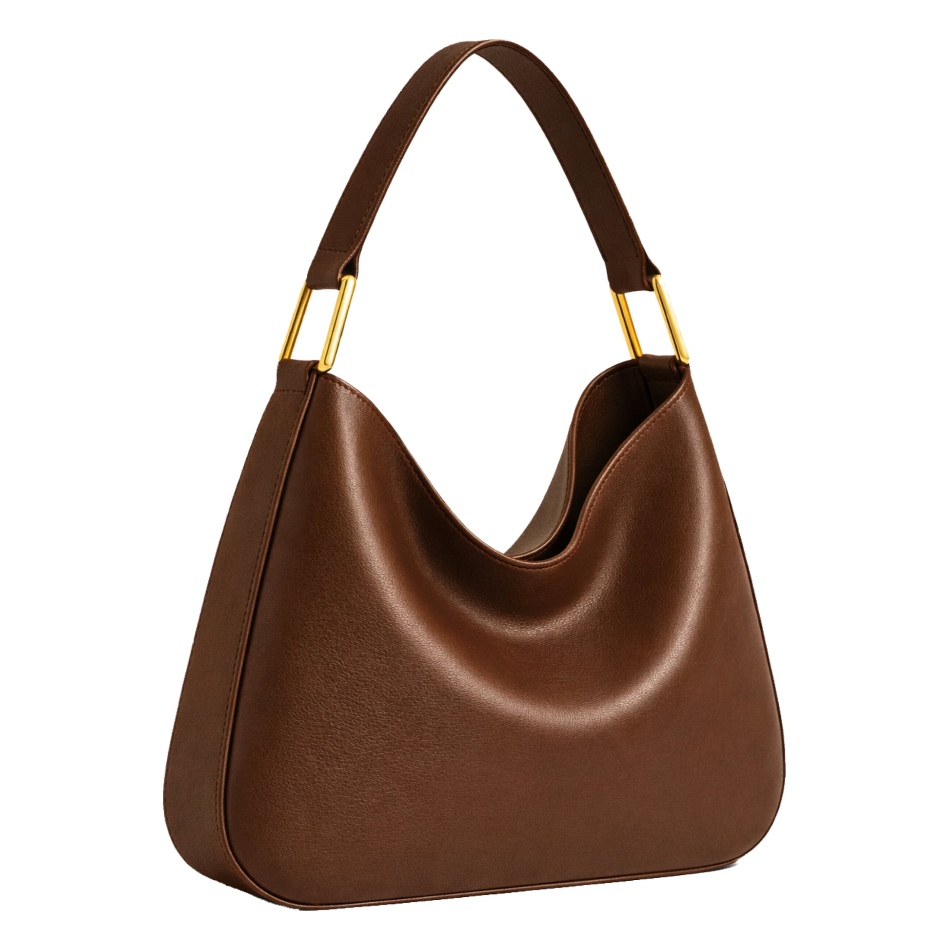 Sellenes Brooke chocolate premium hobo bag with a curved soft structure and single leather strap and gold plated hardwear