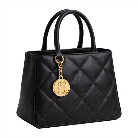 Daly Black luxury handbag handcrafted in limited edition with handmade stitches and gold plated Sellenes charm