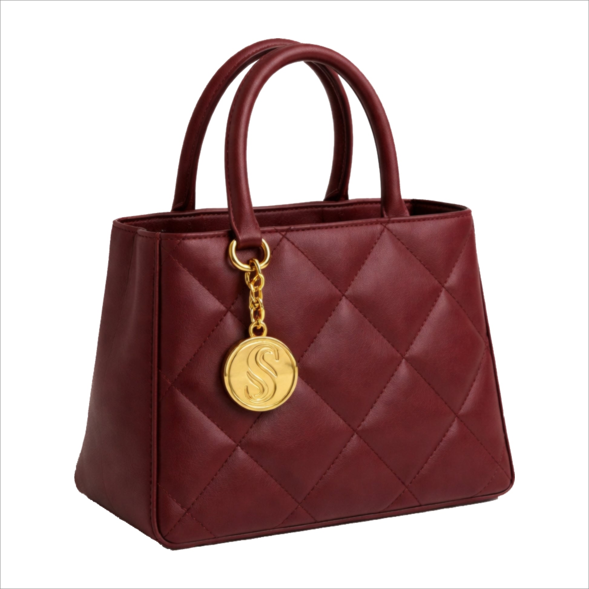 Daly red quilted leather satchel with diamond pattern and light gold plated hardware handcrafted in EU