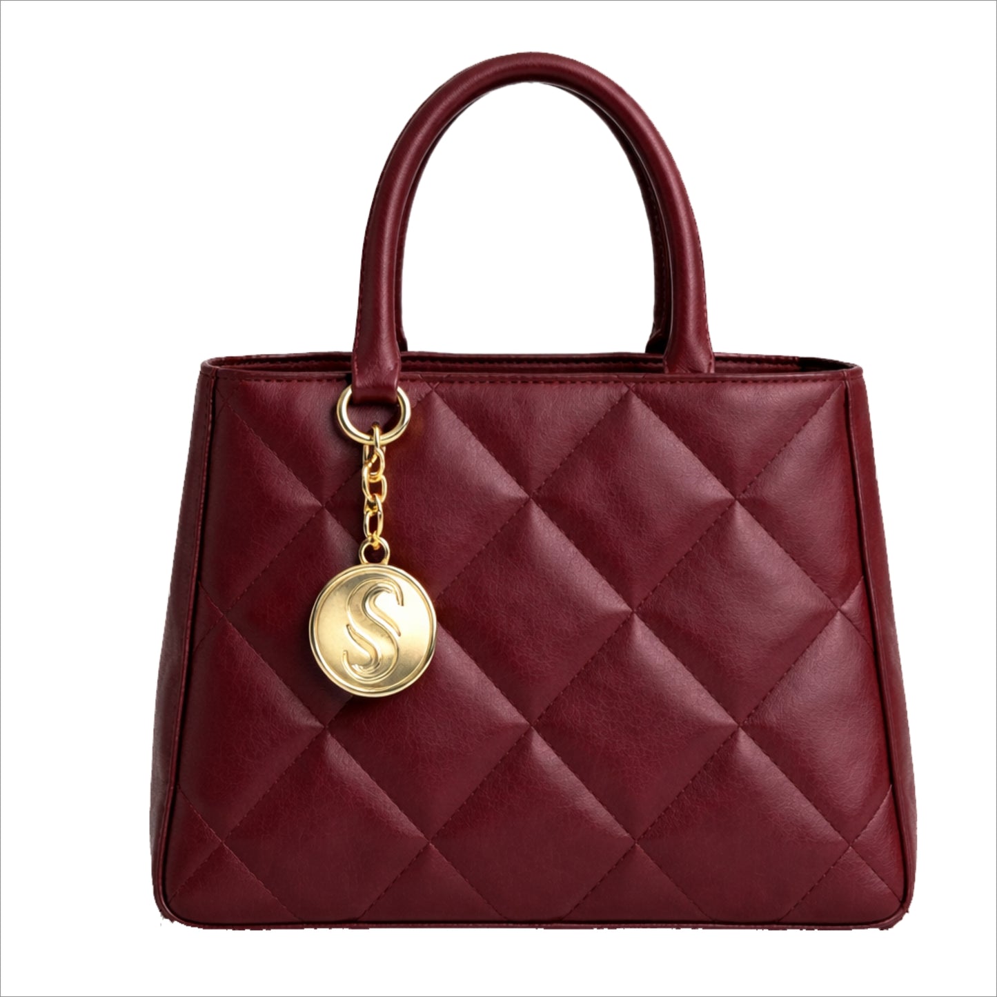 Daly red quilted leather satchel with diamond pattern and light gold plated hardware handcrafted in limited edition