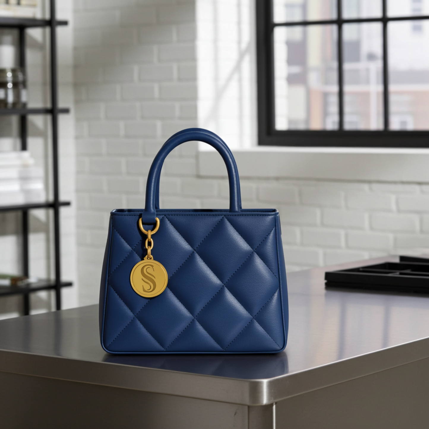 Daly navy luxury leather bag with gold plated charm