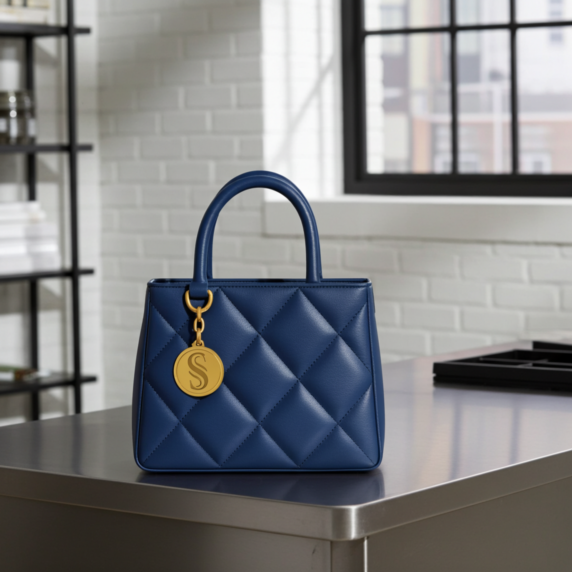 Daly navy luxury leather bag with gold plated charm