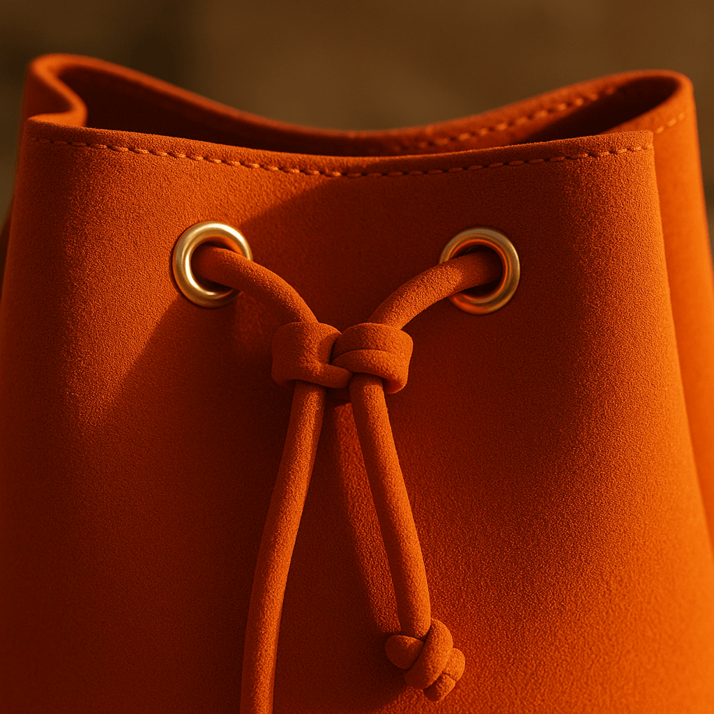 Sellenes Dolly mango orange premium suede bucket bag , handcrafted in europe of premium suede leather,  in limited series