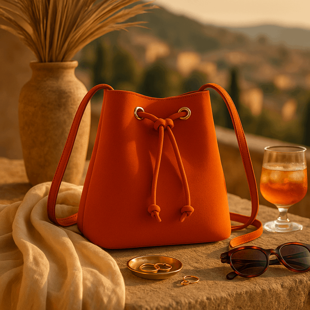 Sellenes Dolly mango orange premium suede bucket bag , handcrafted in europe in limited series