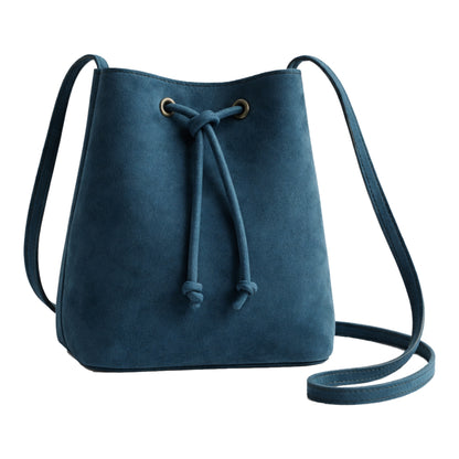 Sellenes Dolly petrol blue premium suede bucket bag featuring a classic drawstring closure and long crossbody strap