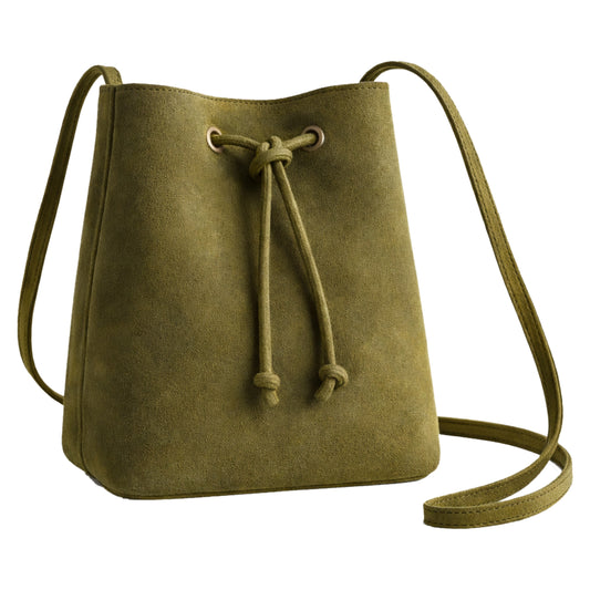 Sellenes Dolly olive green soft suede handbag with a relaxed bucket silhouette and brass grommet details.