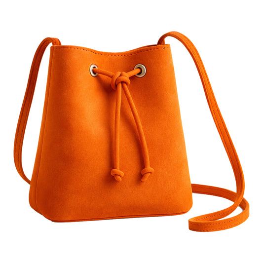 Sellenes Dolly vibrant mango orange suede shoulder bag with a knotted drawstring cord and minimalist design.