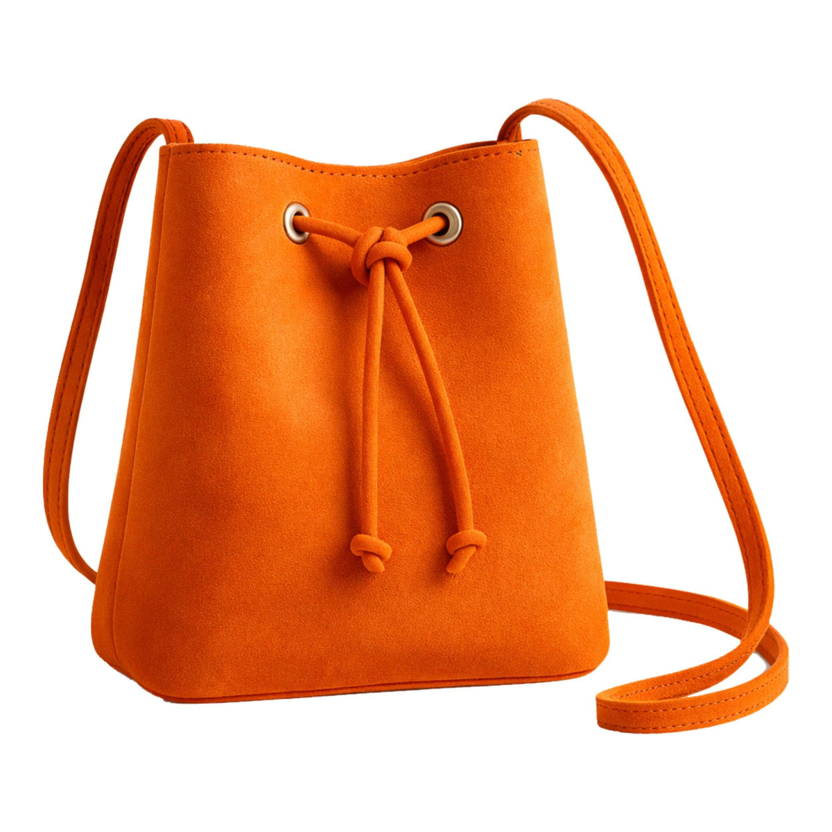 Sellenes Dolly vibrant mango orange suede shoulder bag with a knotted drawstring cord and minimalist design.