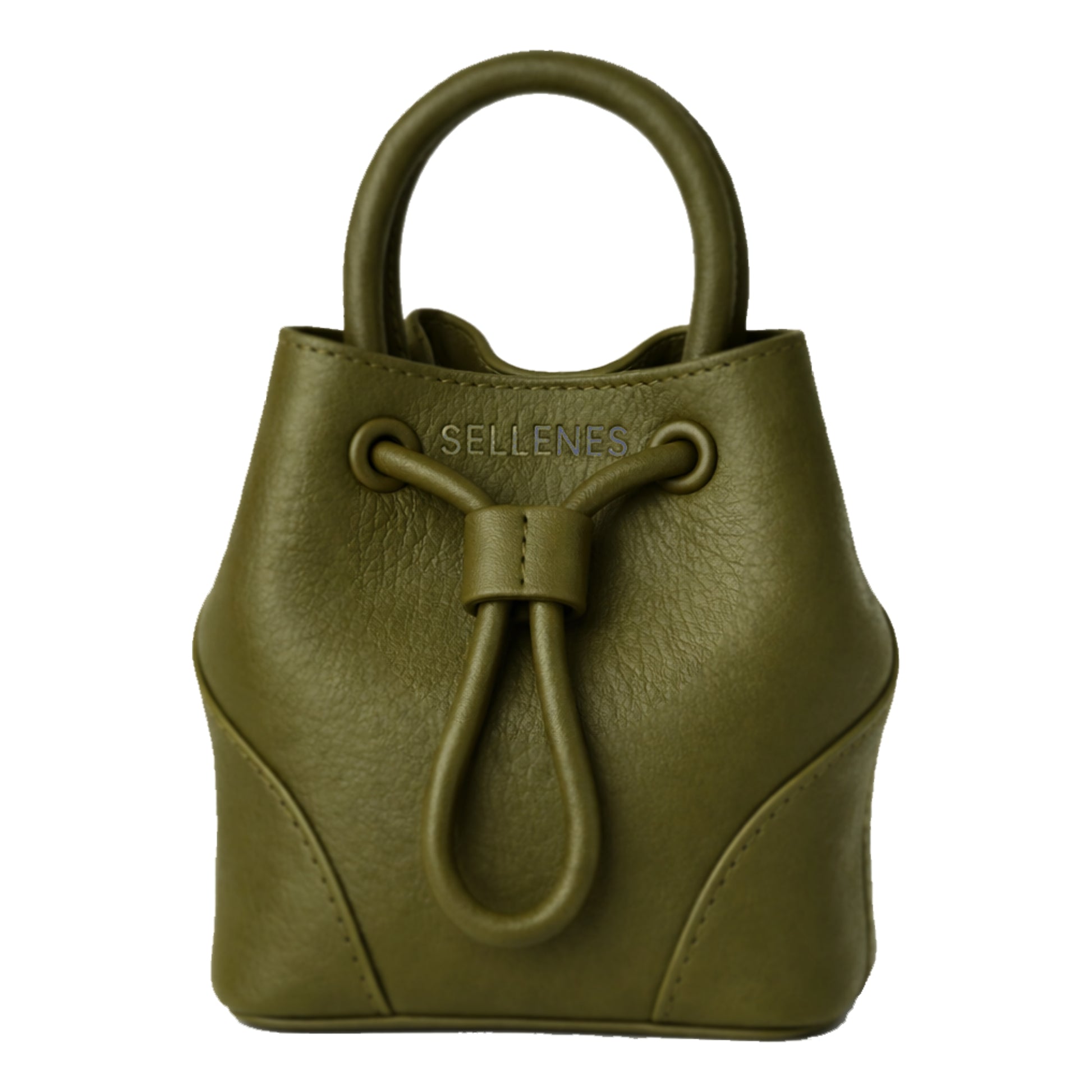 Sellenes Dora olive green pebbled leather mini bucket bag featuring a structured top handle, drawstring closure, and embossed logo