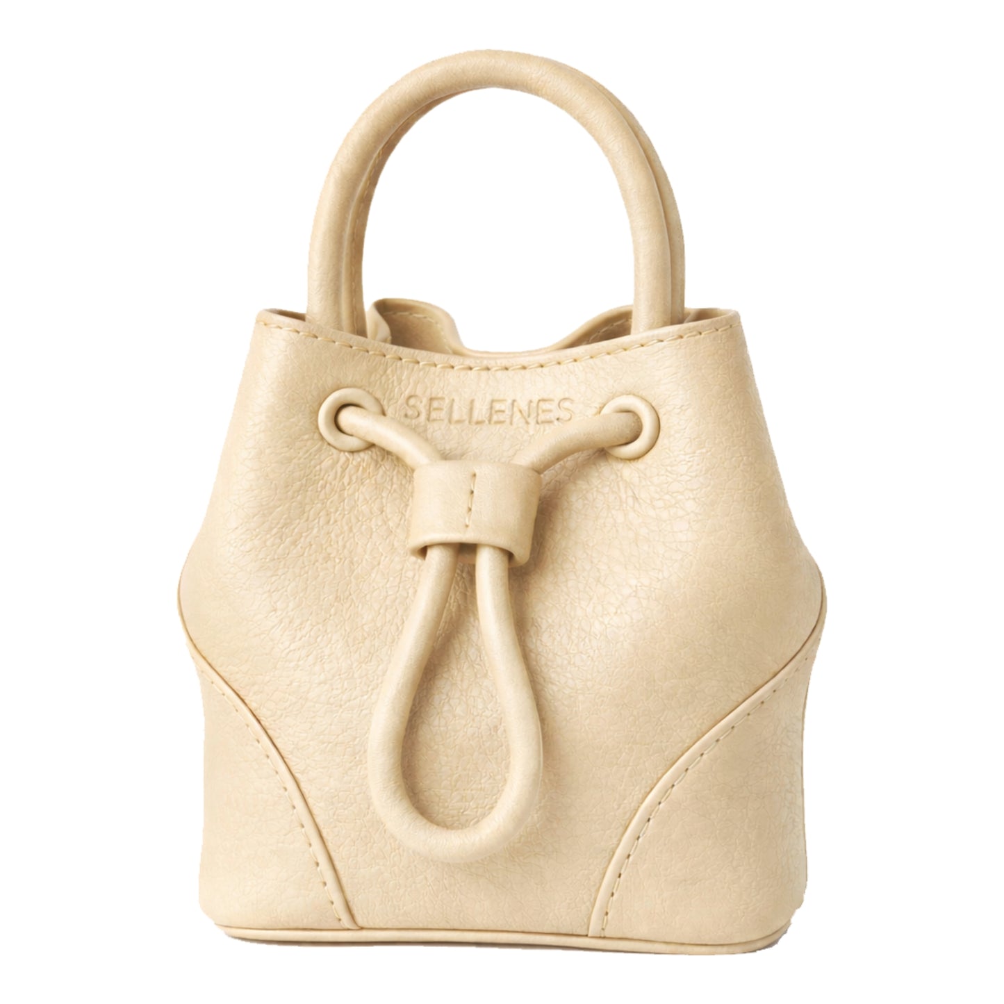 Sellenes Dora nude beige premium leather handbag with a compact architectural silhouette and matching leather drawstring details.