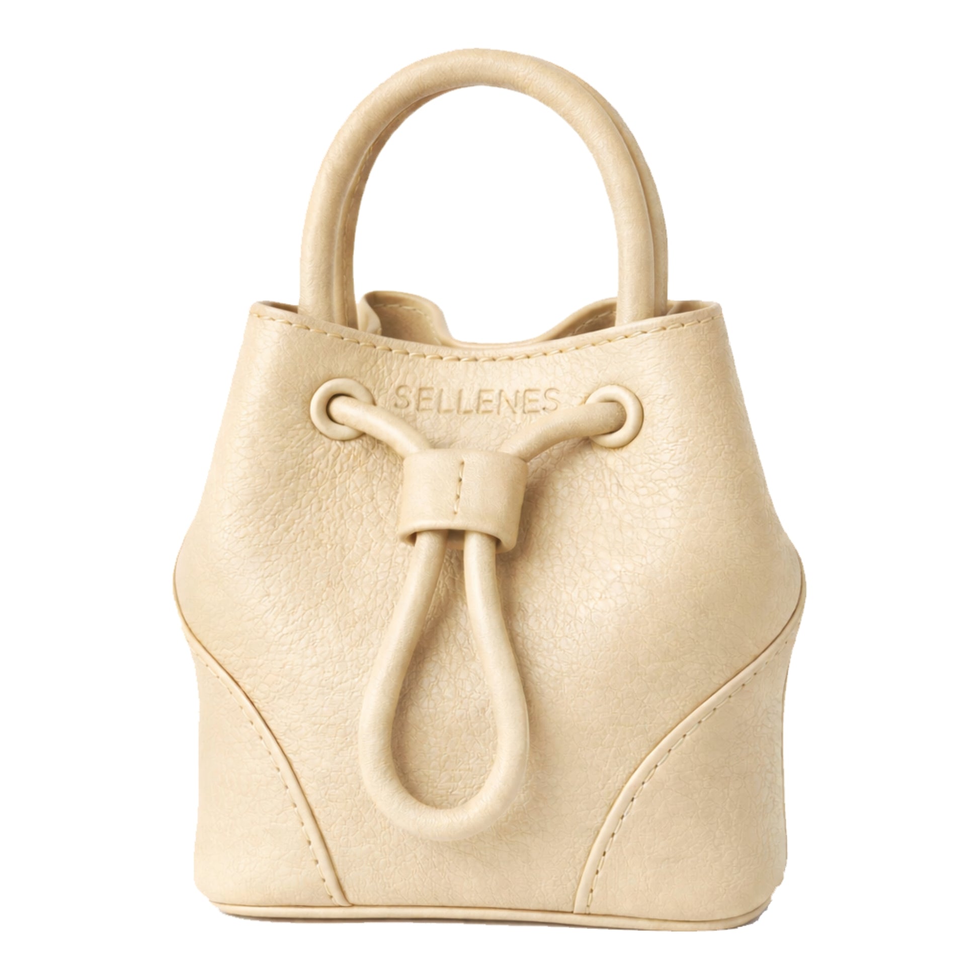 Sellenes Dora nude beige premium leather handbag with a compact architectural silhouette and matching leather drawstring details.