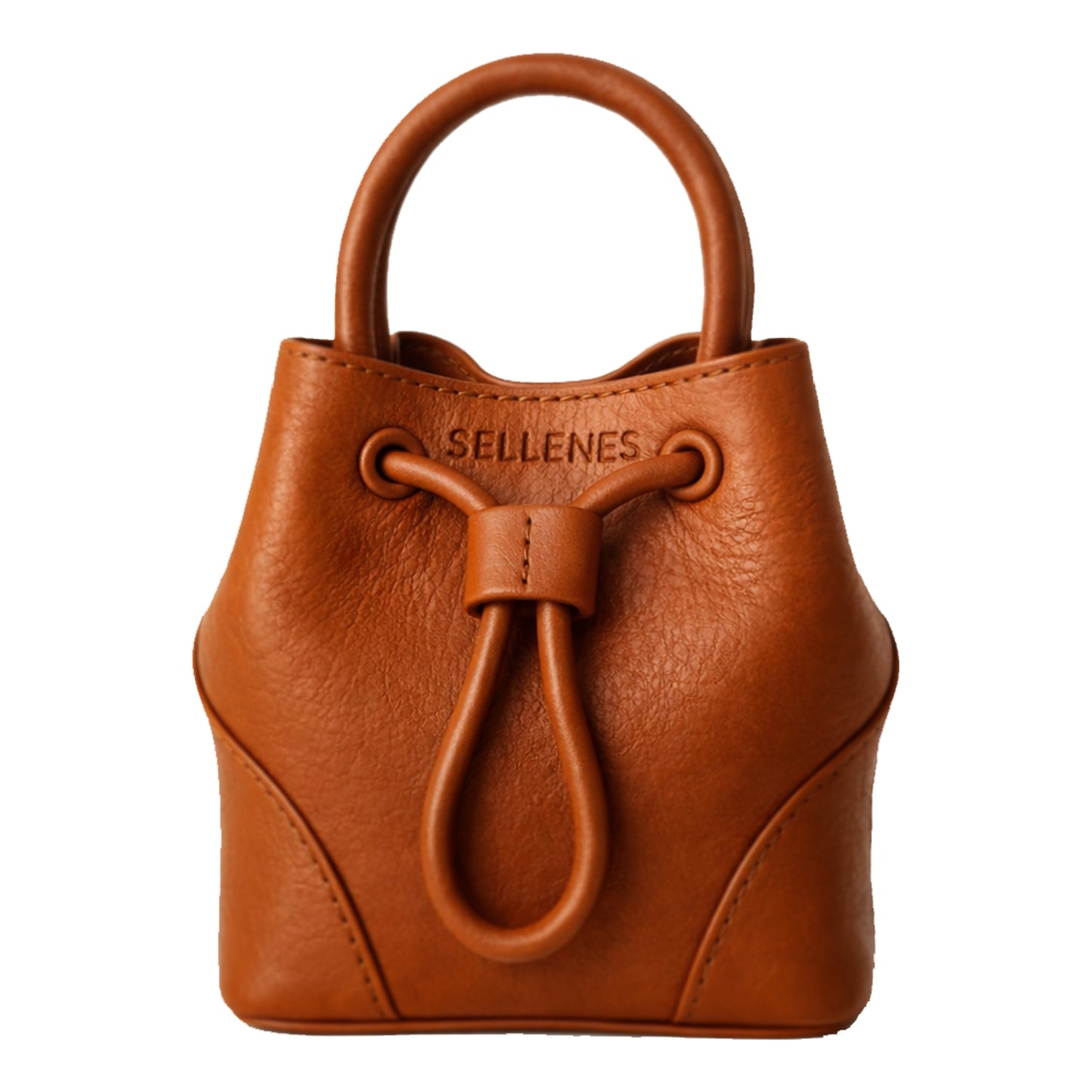 Sellenes Dora reddish-brown textured leather bag featuring a rigid handle, curved stitching accents, and foil branding.
