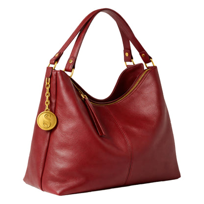 Eclate luxury Sellenes handbag handcrafted in premium red nappa leather in limited edition with iconic Sellenes gold plated charm