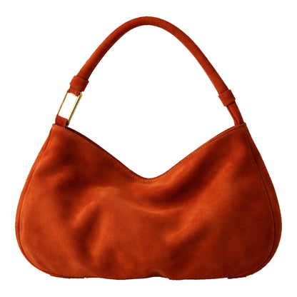 The Hob Sellenes handbag, made in premium rust suede leather, with gold plated hardwear