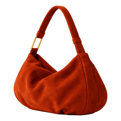 The Hob Sellenes handbag, made in premium rust suede leather, with gold plated hardwear for everyday wear