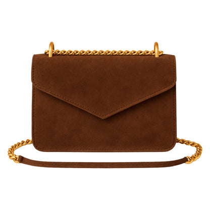 Sellenes Moons Suede Brown - premium brown suede crossbody bag, with premium gold plated chain, handcrafted in Europe in limited edition