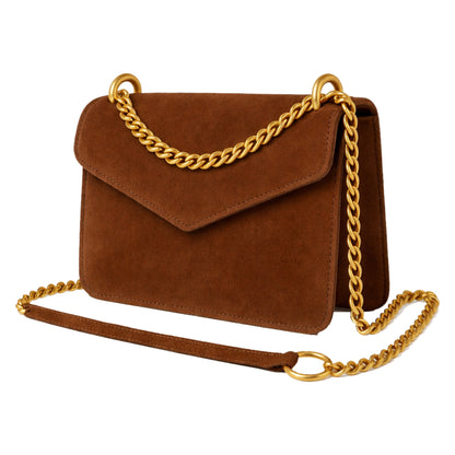 Sellenes Moons Suede Brown  - elegant brown suede crossbody bag, with premium gold plated chain