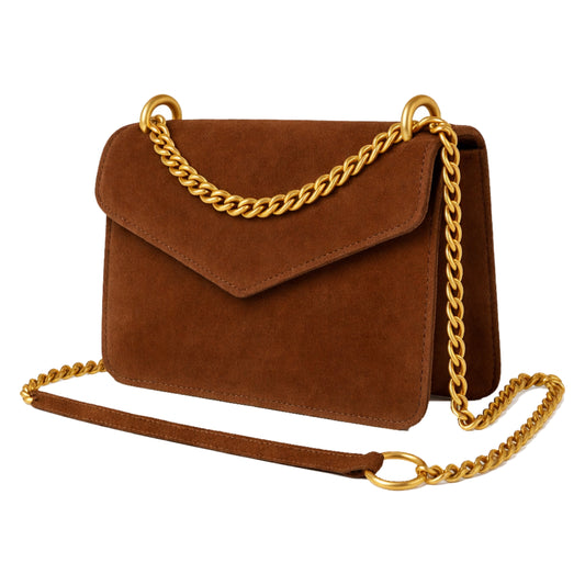 Sellenes Moons Suede Brown  - elegant brown suede crossbody bag, with premium gold plated chain
