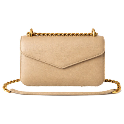 Sellenes MoonS Gold textured leather shoulder bag with a structured envelope silhouette and metallic chain strap